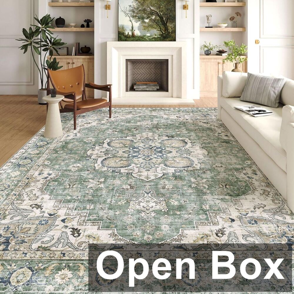 Large Washable Sage Green Boho Area Rug